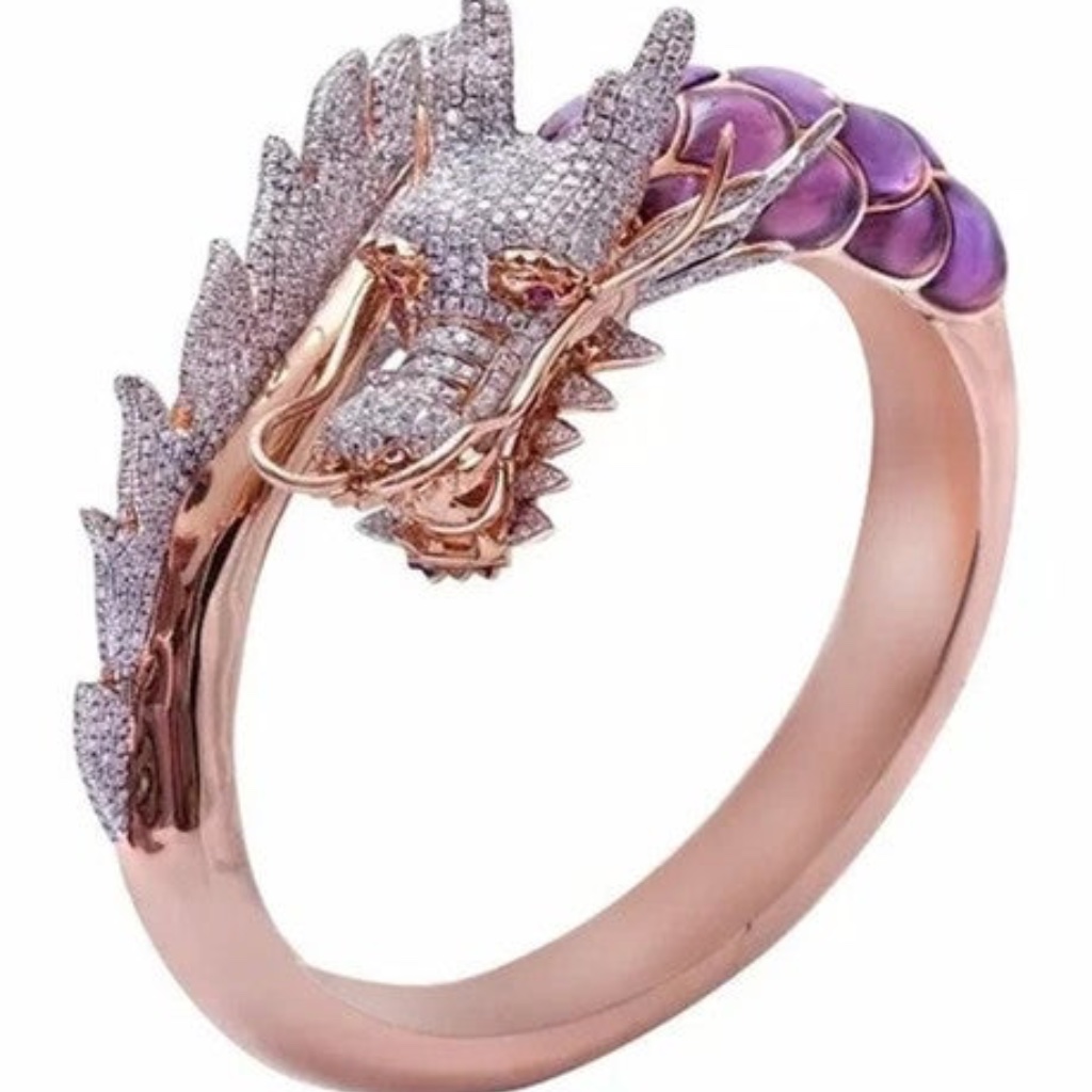 New Rose Gold Dragon Ring Pave Crystals & Purple